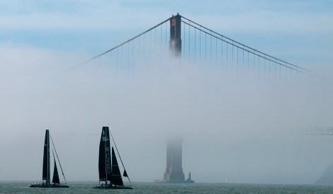 A pair of Oracle Racing AC45s sail past the Golden Gate Bridge in San Francisco, Tuesday, Feb. 21, 2012. The AC45, a 45-foot catamaran, is the official boat of the Americaís Cup World Series which will race for two seasons before the 2013 events and is the the forerunner to the AC72 that will be sailed in the Louis Vuitton Cup and Americaís Cup Finals in 2013. (AP Photo/Jeff Chiu)