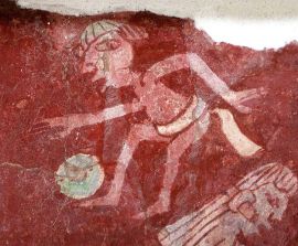Ben riconoscibile un giocatore di pelota nella riproduzione murale nel Complesso Tepantitla a Teotihuacan (Foto Flickr Daniel Lobo)