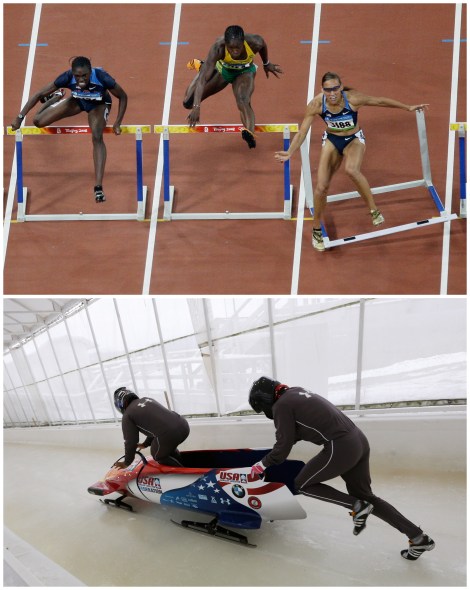 Lolo Jones collage I due volti di Lolo Jones: in alto a Pechino, nell'attimo in cui perde l'oro olimpico dei 100hs, sotto mentre spinge il bob a 2 a Lake Placid, dove conquisterà il suo primo podio in CdM (elaborazione grafica Pensieri di Sport © - foto: AP Photo/Julie Jacobsen in alto e AP Photo/Mike Groll in basso)