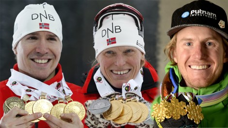 I tre mattatori: Emil Hegle Svendsen (sx), Tora Berger e Ted Ligety (elaborazione grafica Pensieri di Sport © - foto: Ap Photo/Petr David Josek sinistra e centro e AP Photo/Erich Spiess destra)