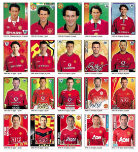 La carriera di Ryan Giggs riassunta attraverso le figurine della sua carriera, rigorosamente in maglie Red Devils (foto epltalk.com)