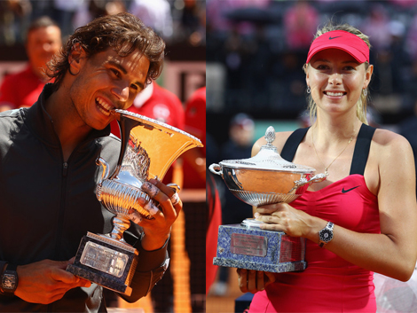 Rafael Nadal e Maria Sharapova festeggiano le rispettive vittorie al Foro Italiano nel 2012. Chi gli succederà? (elaborazione grafica Pensieri di Sport © - foto Nadal di Clive Brunskill/Getty Images Europe, foto Sharapova di Julian Finney/Getty Images Europe)