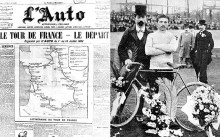 Henri Desgrange, ideatore e primo organizzatore del Tour, con Maurice Garin, vincitore dell'edizione inaugurale. Sulla sinistra la prima pagina de L'Auto alla partenza del Tour del 1903 (foto letour.fr/AFP)